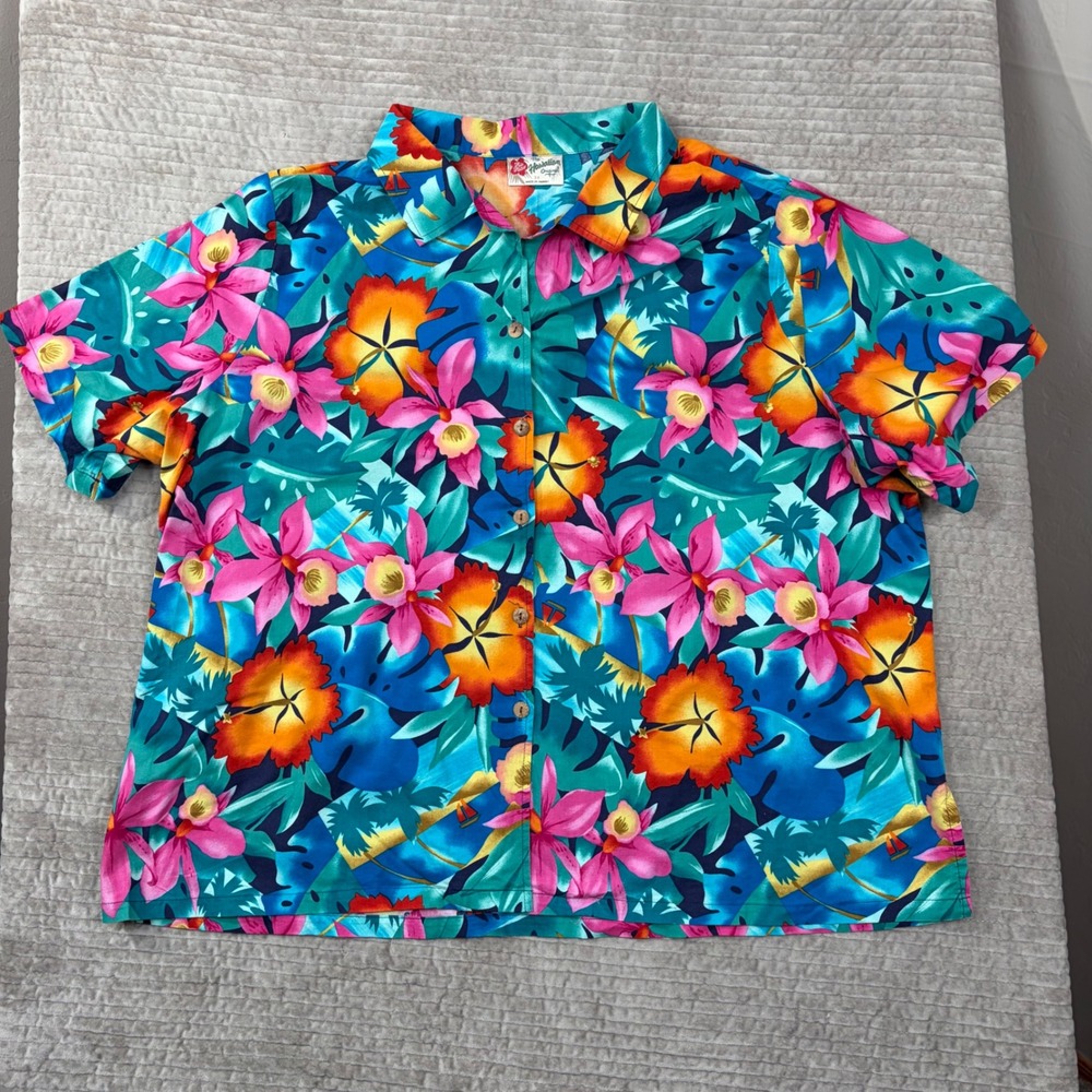 Hilo Hattie Hawaiian Shirt Mens 3X Teal Pink Tropical Floral Hibiscus Made in HI